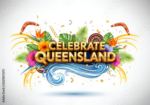 Celebrate queensland text with boomerangs flowers waves, bird of parad