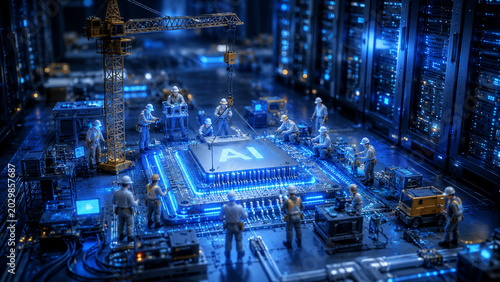AI Core Infrastructure Concept With Miniature Workers Building Futuristic Artificial Intelligence Processor Network