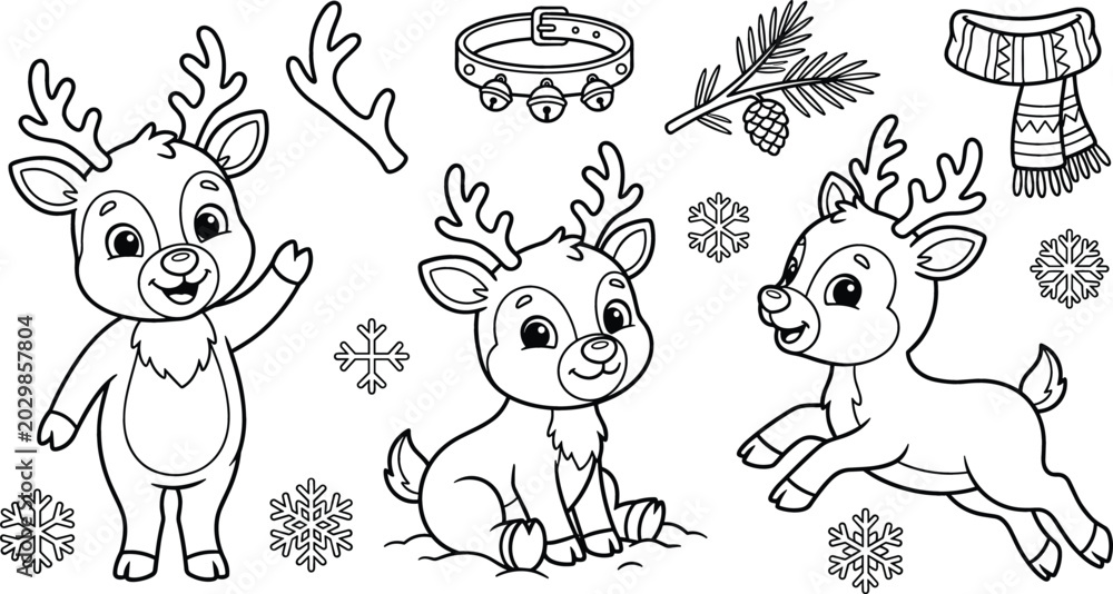 Obraz premium Cute Christmas Reindeer Cartoon Outline Icon Set with Snowflake Bell Collar and Scarf for Coloring Page Designs