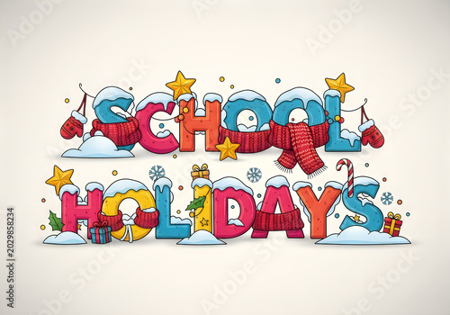 School holidays text with snow scarves candy canes, candy cane