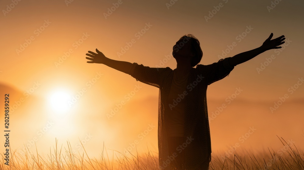 Fototapeta premium The silhouette of a mature woman stands with arms wide open in a vast landscape during golden hour, symbolizing liberation and new beginnings.