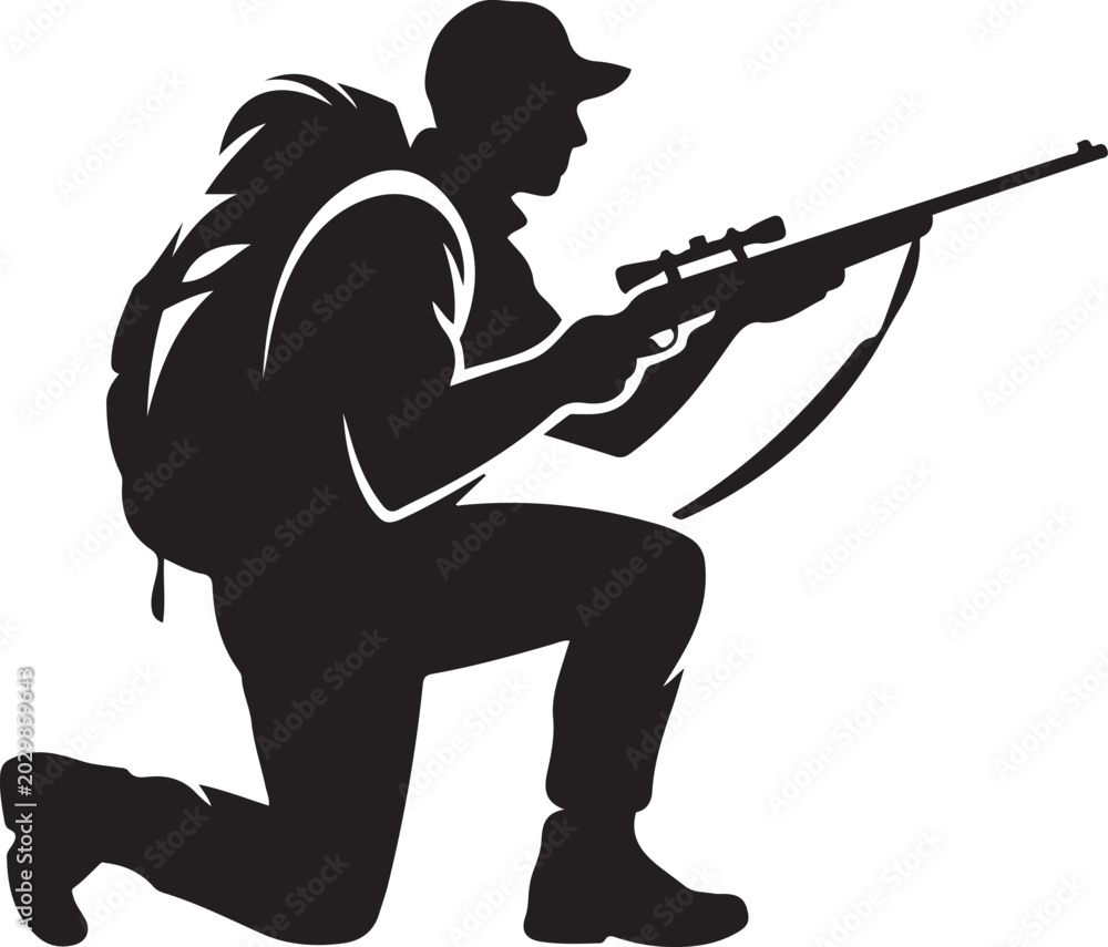 Naklejka premium Hunter Silhouette with Rifle and Backpack illustration. logo Vector Black silhouettes
