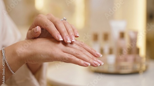 Elegant classic French manicure on manicured hands with diamond ring.