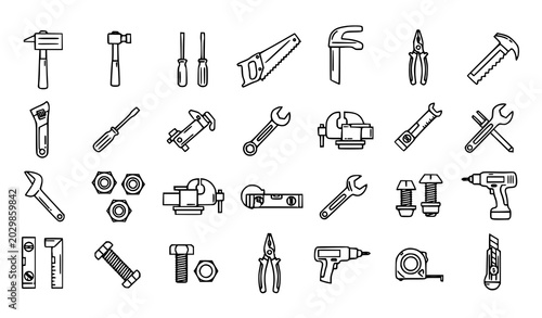 Konstfotografi Hand tool hardware vector icon set hammer wrench drill and screwdriver