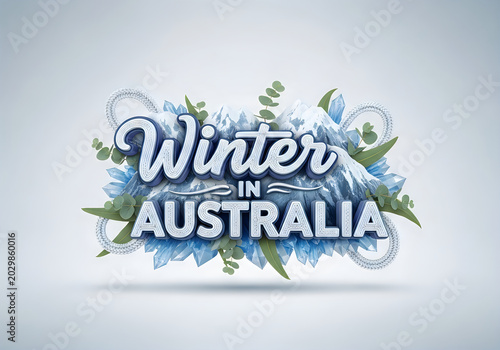 Winter in australia icy text with frost and green foliage, australia