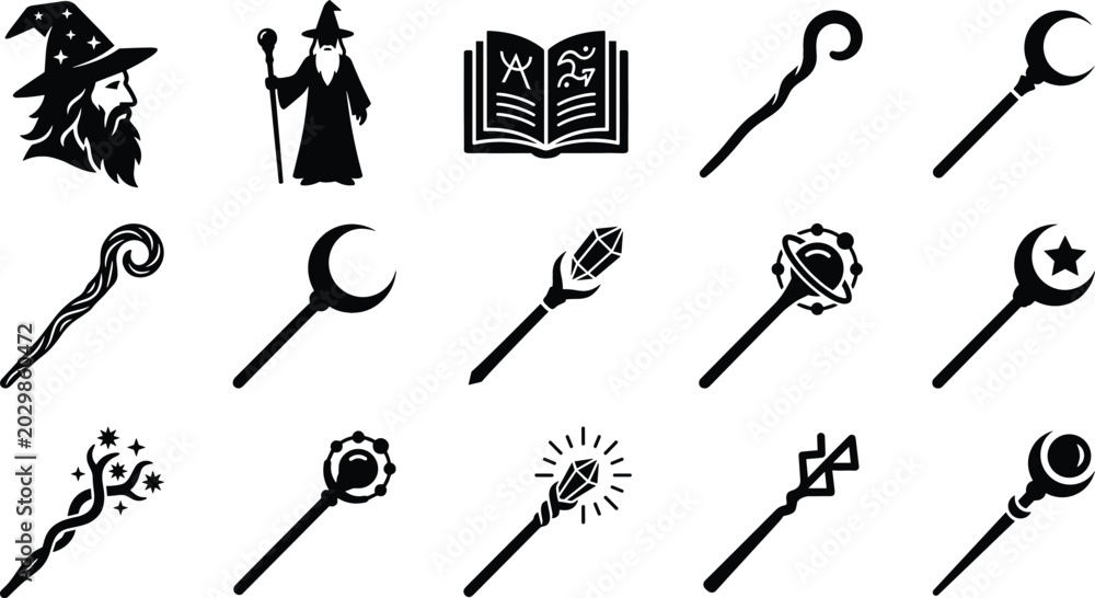 Obraz premium Fantasy Wizard and Magic Staff Black Silhouette Icon Set with Spell Book Crystal and Moon Elements
