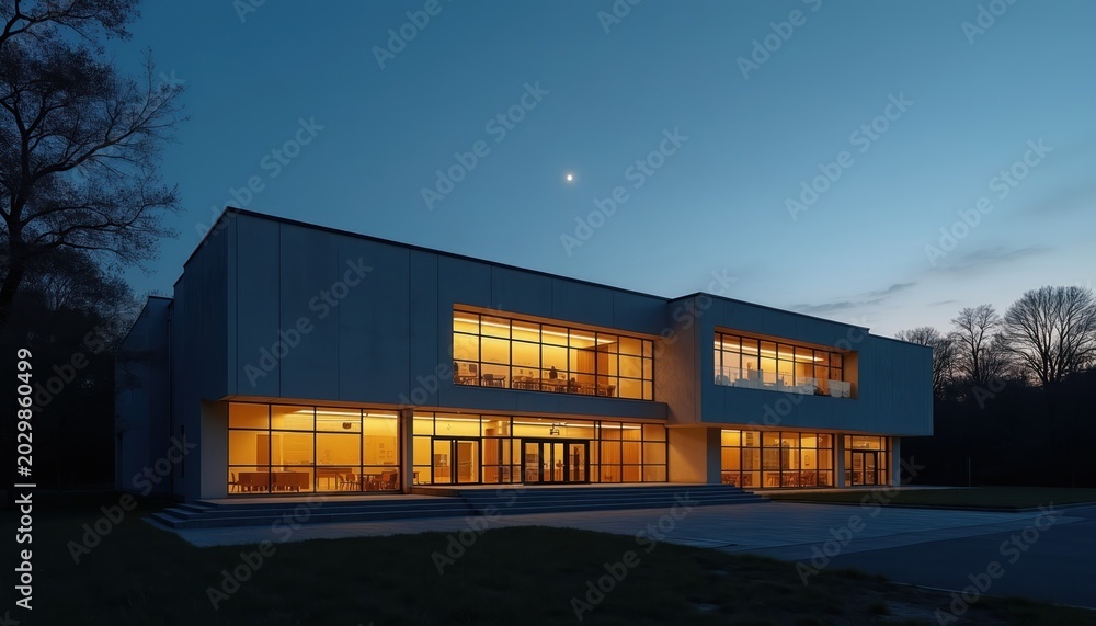 Fototapeta premium Modernist school building illuminated at twilight. Large windows glow warmly with light. Empty concrete structure stands serenely against dark sky. Geometric facade design.