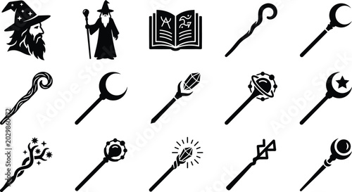 Bild auf Leinwand Fantasy Wizard and Magic Staff Black Silhouette Icon Set with Spell Book Crystal