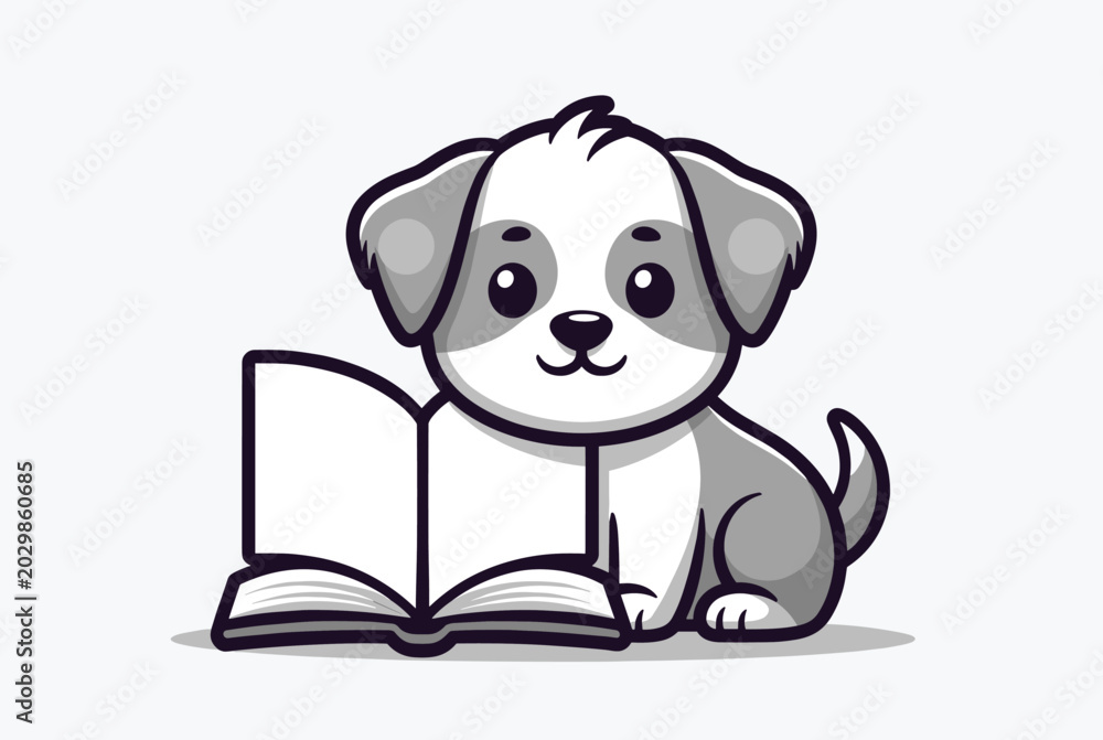 Obraz premium Adorable gray and white puppy sitting patiently behind a large open book on a clean gray background for a cute education concept.