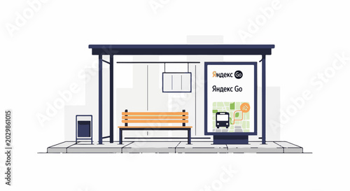 Stylized illustration of a modern bus stop shelter with a bench, trash can, and digital advertisement