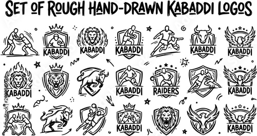 Konstfotografi Set of Rough Hand-Drawn Black and White Kabaddi Sport Logos with Players, Lion,