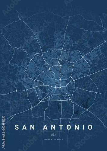 Foto Architectural San Antonio City Map Poster, Blueprint Style Urban Street Grid Ill