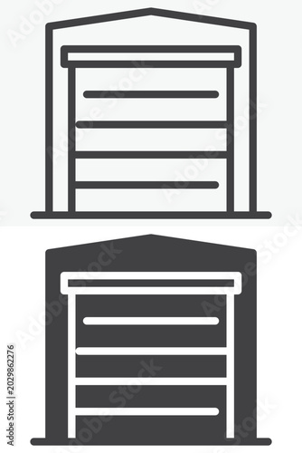 Garage gate icon set in line, outline and solid style. Editable stroke vector icon with parking garage symbol and storage entrance sign.