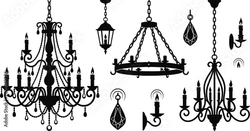 Photos Luxury Vintage Chandelier and Ceiling Lamp Black Silhouette Set with Ornate Crys