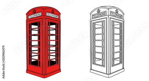 Red British telephone booth illustrated in two color styles  