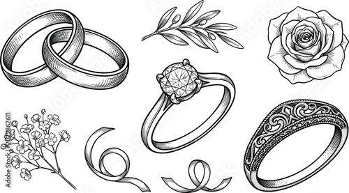Bild auf Leinwand Vintage Wedding Ring Sketch Icon Set with Diamond Engagement Bands Rose Flower a