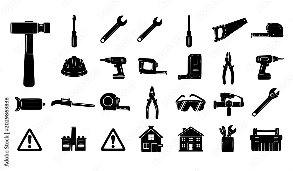 Fototapeta premium Workshop repair equipment silhouette vector set construction and maintenance symbols