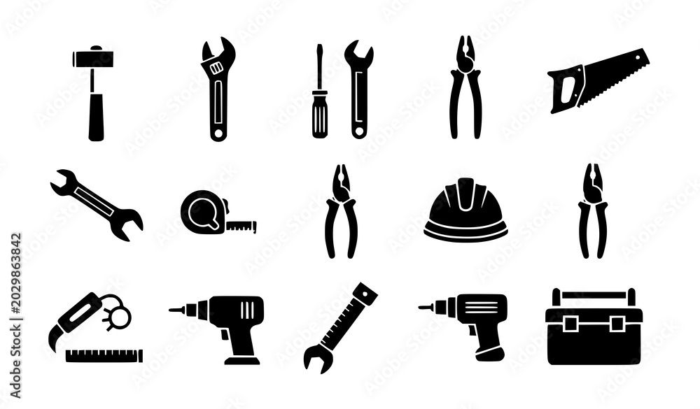 Fototapeta premium Minimal industrial tool vector silhouette set workshop and repair illustrations