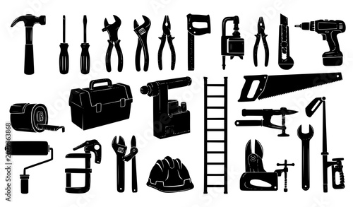 Construction and hand tools silhouette vector icon set repair maintenance and DIY equipment
