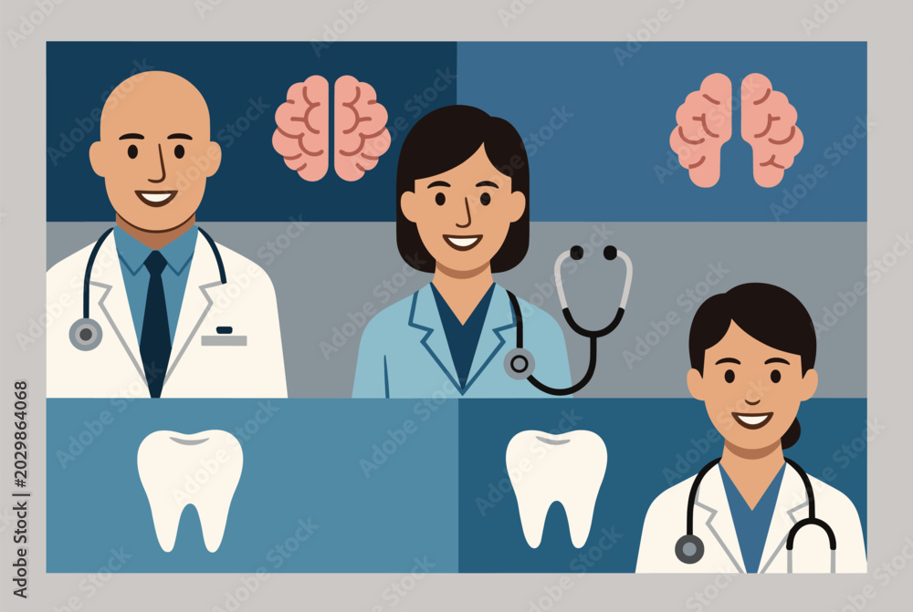 Fototapeta premium Professional illustration of a diverse medical team including doctors and specialists with brain and tooth health icons.