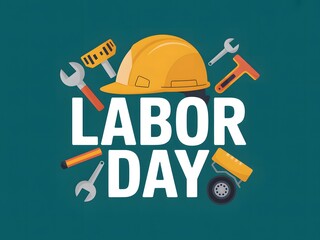 Labor Day celebration card with industrial hard hat and various tools
