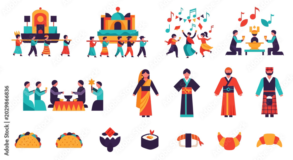 Fototapeta premium Diverse Cultural Celebrations and Food Icons - Flat Design