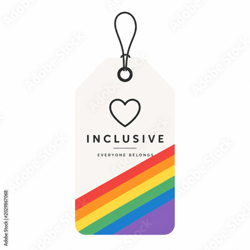Inclusive heart tag with rainbow stripes symbolizes pride and month celebration of diversity and belonging in simple design