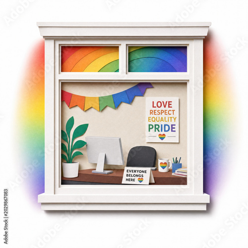 Pride month celebration with rainbow decorations in office window showing love respect equality and belonging messages