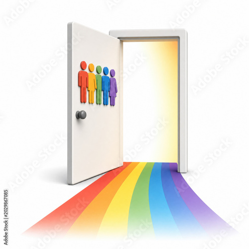 Open door with rainbow colors and diverse figures representing pride and month celebration with bright light inside