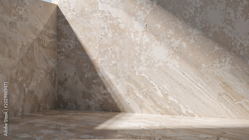 Sunlight streaming into a textured concrete room