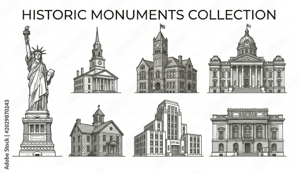 Obraz premium Old style hand drawn sketch of historic US buildings vector illustration