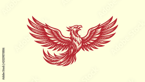 Vintage Red Phoenix Mythical Bird Rising Emblem - Hand Drawn Vector Illustration