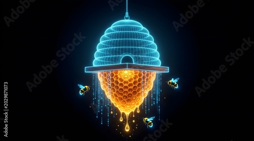 Glowing Digital Holographic Beehive with Honeycomb Pattern Flying Bees Dripping Honey Network Connection Data Hive Mind Technology Innovation Futuristic Visualization