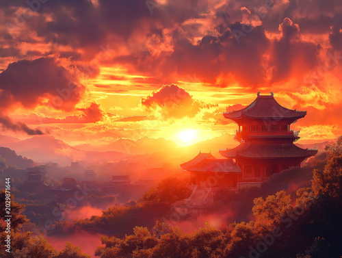 A Majestic Buddhist Temple Bathed in the Warmth of a Setting Sun