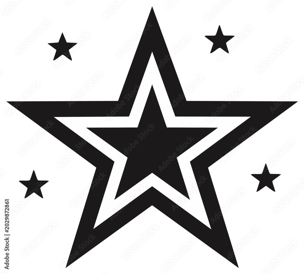 Obraz premium Black and white star graphic with inner detail and smaller stars around it, simple vector design.