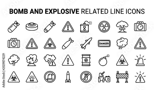 Photography Bomb and Explosive Line Icon Set Featuring Mine Shell Nuclear Explosion and Haza