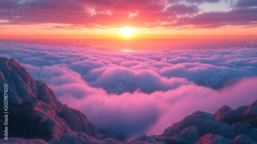 Mountaintop sunset through vibrant clouds