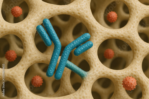 Microscopic view of antibody molecule binding to porous bone tissue structure demonstrating targeted pharmaceutical drug delivery mechanism for osteoporosis treatment