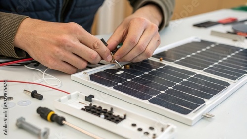Person assembling or repairing a small solar panel with tools on a white table.