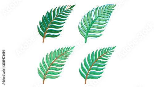 Customizable vector plant icon set with adjustable line thickness. Colorful prehistoric fern leaf graphics for environmental design and ancient history projects featuring flexible strokes.