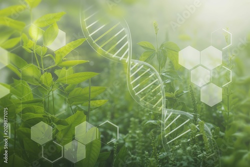 D N A helix and molecular hexagons over green foliage