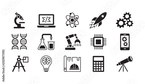 Set of black scientific and engineering icons for technology research and development projects on white background.