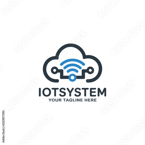 Photography Iot system logo design with cloud and signal waves blue tone