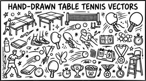 Hand-Drawn Table Tennis Vectors. Black and White Line Art Sports Doodles Set featuring Ping Pong Players, Paddles, Balls, and Game Elements.