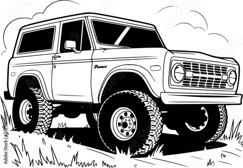 Vintage off-road suv classic bronco grassy terrain, bold line vehicle retro offroad