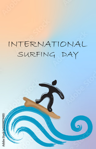 Hand drawn International Surfing Day vector poster with a surfer