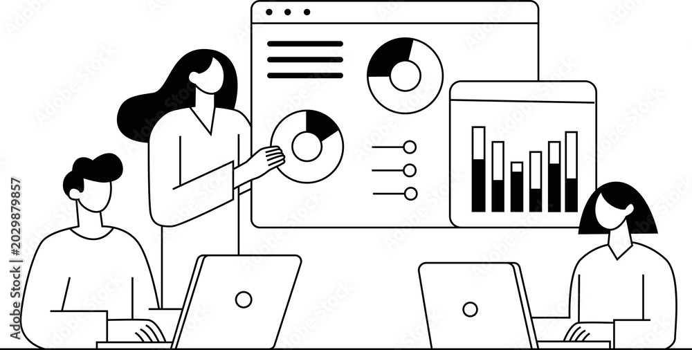 Fototapeta premium Marketing Team Analyzing Digital Campaign Results in Office – Strategy Brainstorming Continuous Line Art Vector Illustration