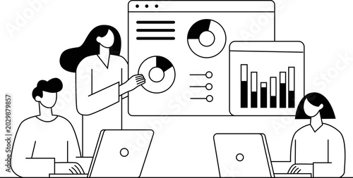 Marketing Team Analyzing Digital Campaign Results in Office – Strategy Brainstorming Continuous Line Art Vector Illustration