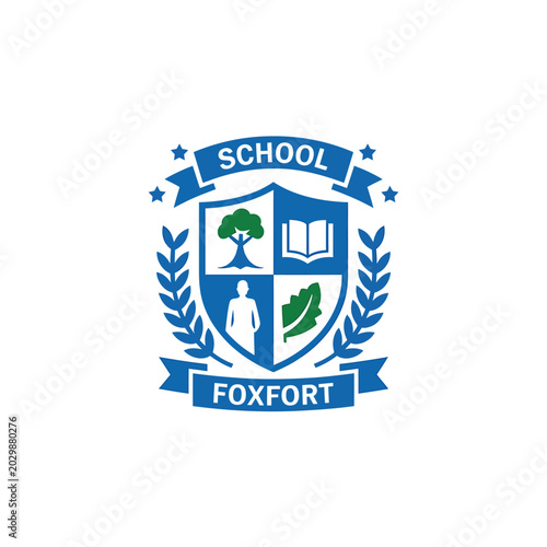 School crest logo design with laurel wreath blue and white