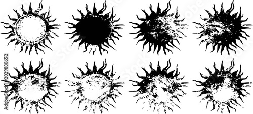 grunge sun icons set with distressed texture, vintage celestial symbols in black and white